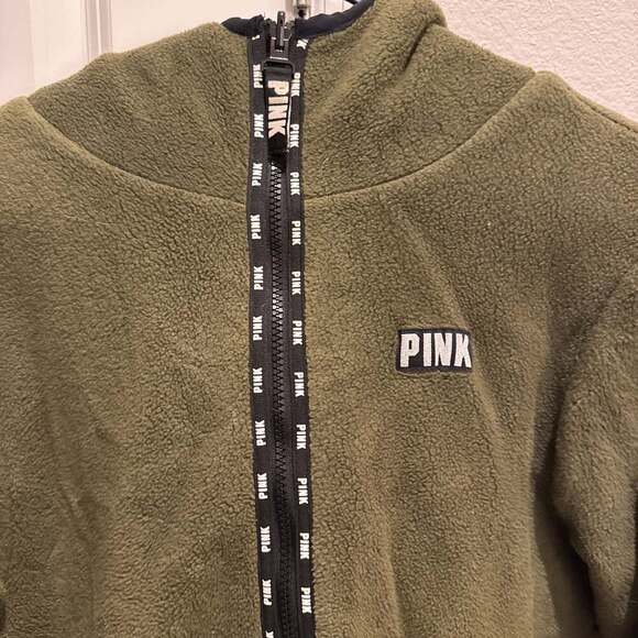 Victoria's Secret PINK Reversible Cozy Full Zip Sherpa Jacket Hoodie Olive Green - Picture 3 of 4